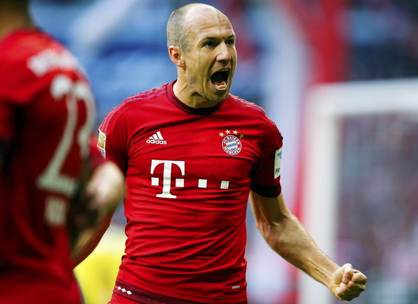 Munich&#8217;s Robben celebrates after he scored against VfB Stuttgart during their Bundesliga first division soccer match in Munich