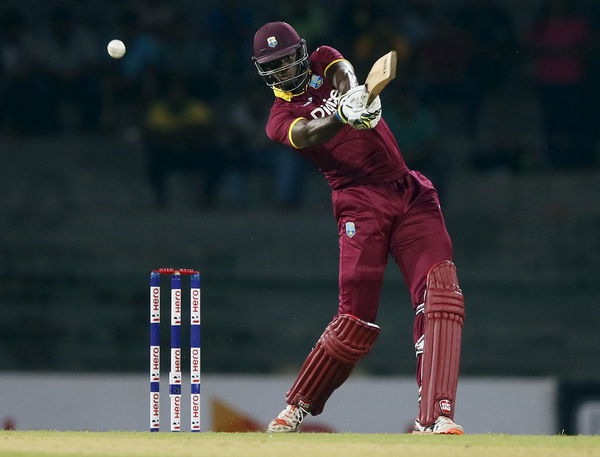 West Indies&#8217; captain Holder hits a six during their first One Day International cricket match against Sri Lanka in Colombo