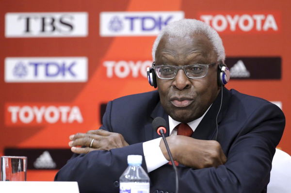 Outgoing President of IAAF Lamine Diack attends a news conference in Beijing