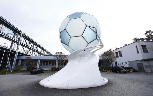 Picture shows a soccer ball sculpture at the Germany&#8217;s DFB football association headquarters in Frankfurt