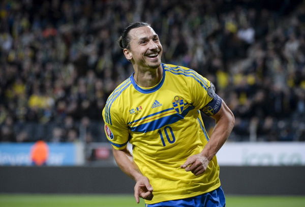 Sweden&#8217;s Zlatan Ibrahimovic celebrates scoring the opening goal against Moldova during their Euro 2016 group G qualifying soccer match at the Friends Arena in Stockholm