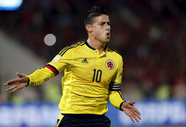 Rodriguez of Colombia celebrates his goal during the 2018 World Cup qualifying soccer match against Chile in Santiago, Chile,