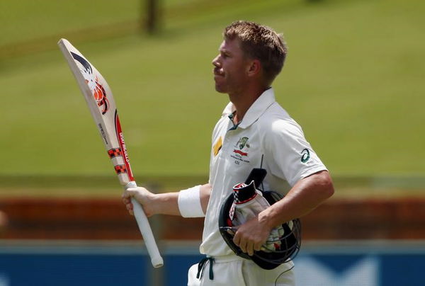 Australia&#8217;s David Warner waves to the crowd as he walks off the ground after being dismissed for 253 runs during the second day of the second cricket test match against New Zealand at the WACA ground in Perth, Western Australia