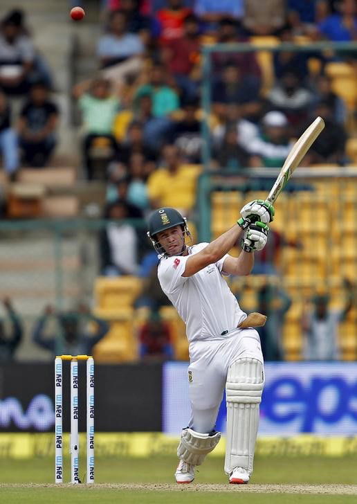 South Africa&#8217;s Villiers plays a shot on the first day of their second cricket test match against India in Bengaluru