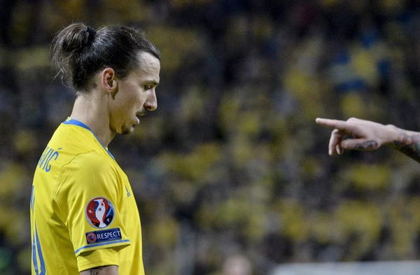 Sweden&#8217;s Ibrahimovic reacts during their Euro 2016 qualifier play-off first leg soccer match against Denmark at the Friends arena in Stockholm