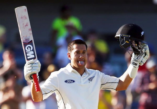 New Zealand&#8217;s Ross Taylor celebrates reaching his double century during the third day of the second cricket test match against Australia at the WACA ground in Perth, Western Australia