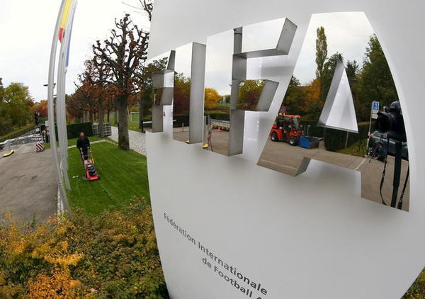 The FIFA logo is seen outside their headquarters in Zurich