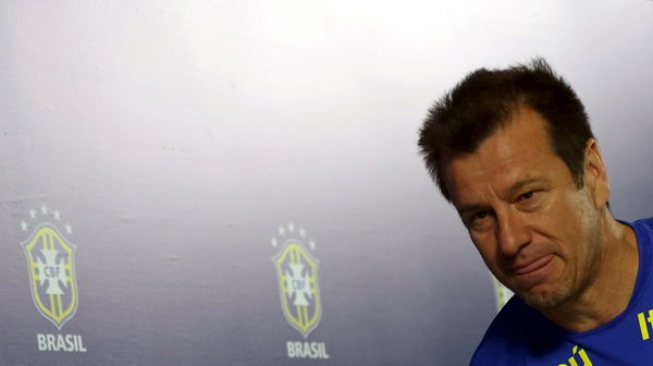 Brazilian national soccer coach Dunga attends a media conference ahead his squad training session at Arena Corinthians stadium in Sao Paulo