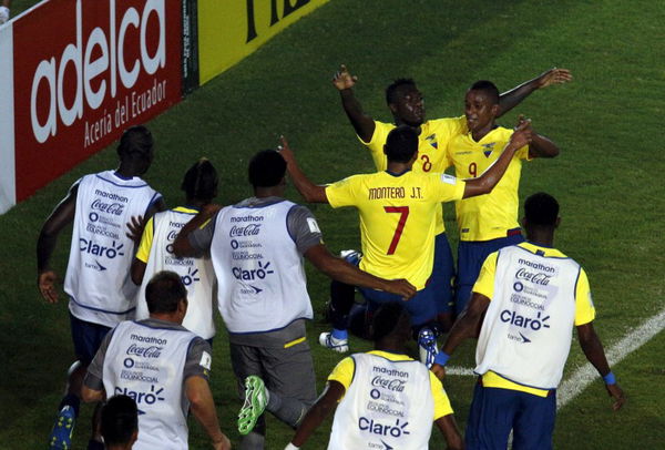 Ecuador&#8217;s players celebrate their team&#8217;s third goal against Venezuela&#8217;s during their 2018 World Cup qualifying soccer match at the Cachamay stadium in Puerto Ordaz