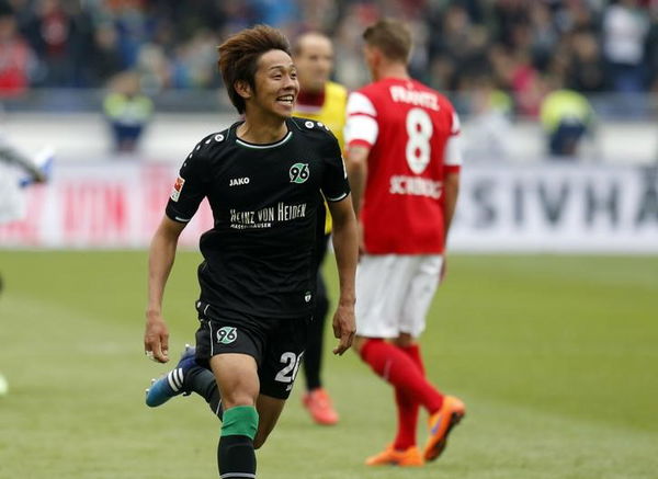 Hannover&#8217;s Kiyotake reacts after winning against Freiburg during their German Bundesliga first division soccer match in Hanover