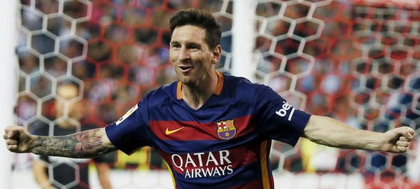 Barcelona&#8217;s Messi celebrates after scoring a goal against Atletico Madrid&#8217;s during their Spanish first division soccer match at Vicente Calderon stadium in Madrid