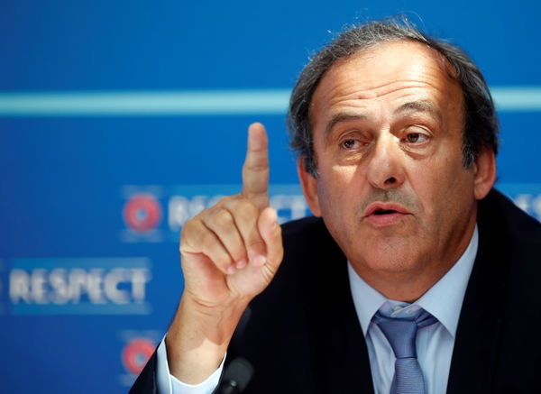 UEFA President Platini attends a news conference after the draw for the 2015/2016 UEFA Europa League soccer competition at Monaco&#8217;s Grimaldi Forum in Monte Carlo