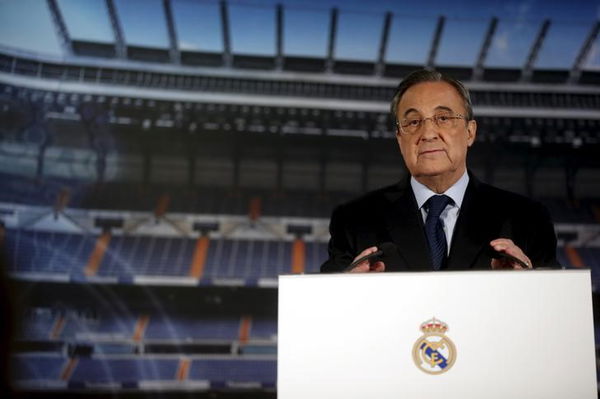 Real Madrid&#8217;s President Florentino Perez gestures during a news conference at Santiago Bernabeu stadium in Madrid