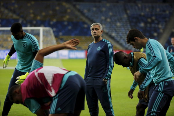 Chelsea manager Mourinho looks on during a training session ahead of Tuesday&#8217;s Champions League stage group G soccer match against Maccabi Tel Aviv, at the Sammy Ofer stadium in Haifa