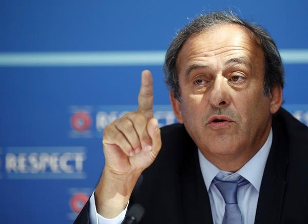 UEFA President Platini attends a news conference after the draw for the 2015/2016 UEFA Europa League soccer competition at Monaco&#8217;s Grimaldi Forum in Monte Carlo