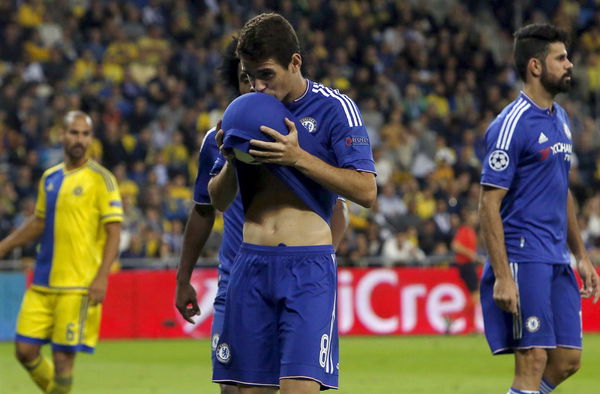 Chelsea&#8217;s Oscar reacts after scoring a goal against Maccabi Tel Aviv during their Champions League Group G soccer match at Sammy Ofer stadium in Haifa