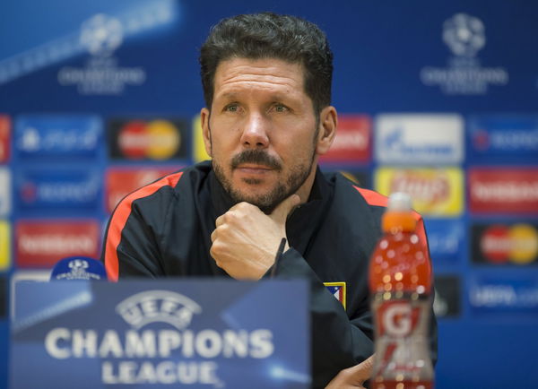 Atletico Madrid&#8217;s coach Diego Simeone attends a news conference in Astana, Kazakhstan