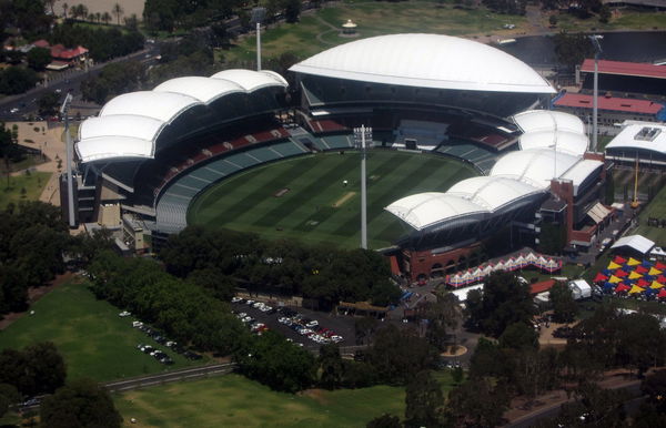 The cricket pitch can be seen in the middle of the Adelaide Oval in Adelaide, Australia