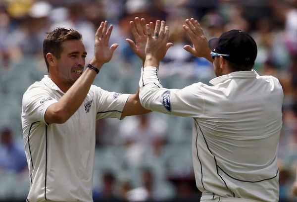 New Zealand&#8217;s captain Brendon McCullum celebrates with team mate Tim Southee after he ran out Australia&#8217;s Shaun Marsh for two runs during the second day of the third cricket test match at the Adelaide Oval, in South Australia