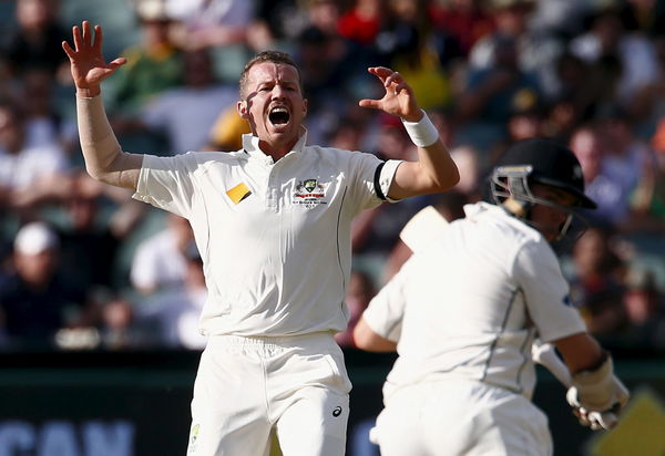 Australia&#8217;s Peter Siddle reacts as New Zealand&#8217;s Tom Latham hits a shot during the second day of the third cricket test match at the Adelaide Oval, in South Australia