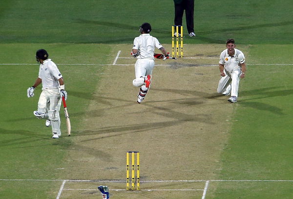 Australia&#8217;s Mitchell Marsh celebrates after he dismissed New Zealand&#8217;s captain Brendon McCullum LBW for 20 runs during the second day of the third cricket test match at the Adelaide Oval, in South Australia