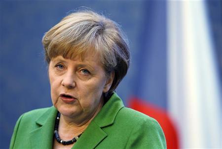 German Chancellor Merkel attends a news conference at the Czech Government headquarters in Prague