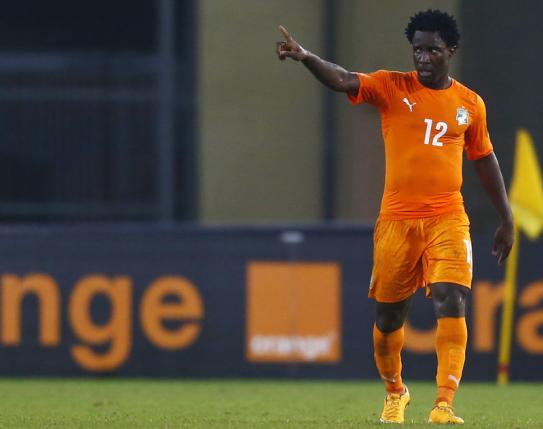 Ivory Coast&#8217;s Wilfried Bony celebrates his second goal during their quarter-final soccer match of the 2015 African Cup of Nations against  Algeria in Malabo