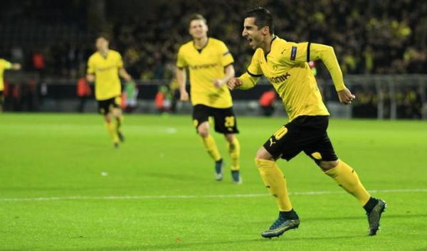 Borussia Dortmund&#8217;s Henrikh Mkhitaryan celebrates after scoring a goal during their Europa League group C soccer match in Dortmund