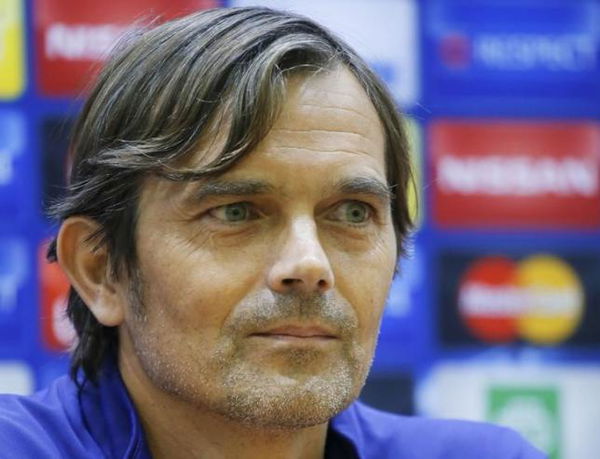 PSV Eindhoven&#8217;s coach Cocu attends news conference at Arena Khimki stadium outside Moscow