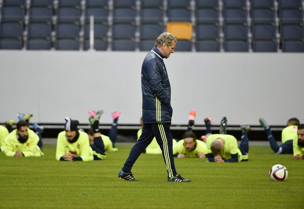 Swedish head coach Erik Hamren walks during a training session with Sweden&#8217;s national soccer team at Friends Arena in Stockholm