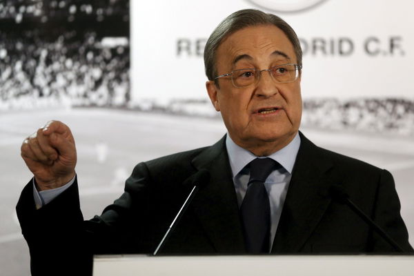 Real Madrid&#8217;s President Perez gestures during a news conference at Santiago Bernabeu stadium in Madrid