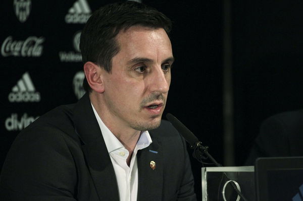 Valencia&#8217;s new coach Gary Neville attends a news conference during his presentation at the Mestalla stadium in Valencia