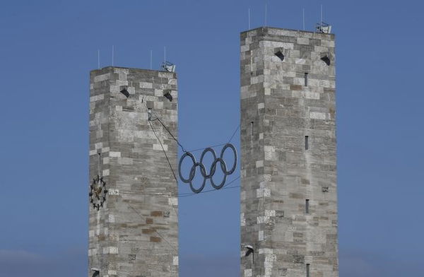 The main entrance of the Olympic stadium is pictured with the Olympic rings in Berlin