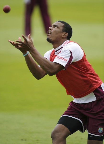 West Indies&#8217; Gabriel catches a ball during a training session before their first test cricket match against England in London