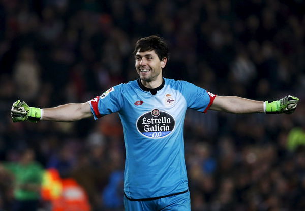 Deportivo Coruna&#8217;s  goalkeeper German Lux celebrates a goal