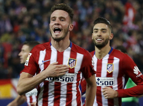 Atletico Madrid&#8217;s Saul Niguez celebrates his first goal