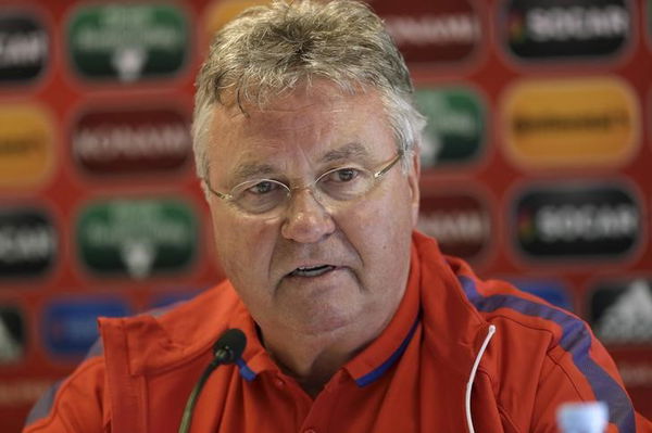 Netherlands&#8217; soccer team coach Hiddink speaks during a news conference in Riga