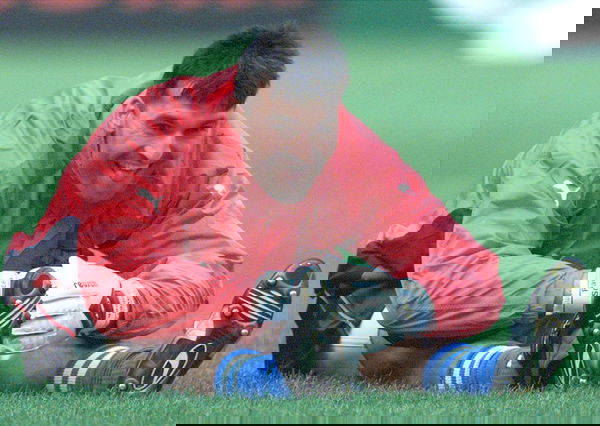 Czech goalkeeper Pavel Srnicek warms-up during a training session of the Czech soccer team at Amster..