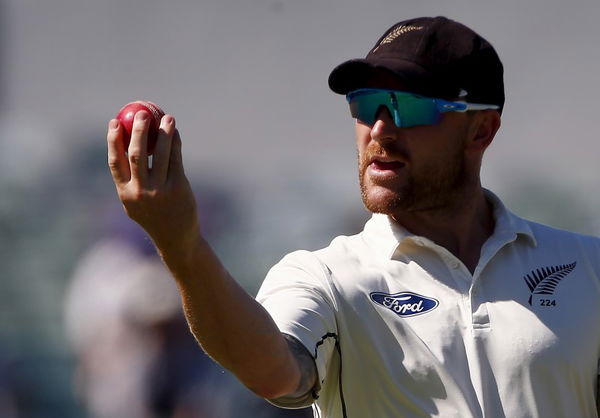 New Zealand captain Brendon McCullum inspects the ball during the fourth day of the second cricket test match against Australia at the WACA ground in Perth, Western Australia