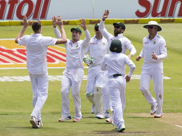 South Africa celebrate the wicket of England&#8217;s Ali during the first cricket test match in Durban