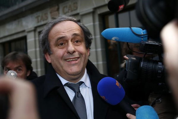 UEFA President Platini speaks to the media as he leaves after a hearing at the Court of Arbitration for Sport in Lausanne