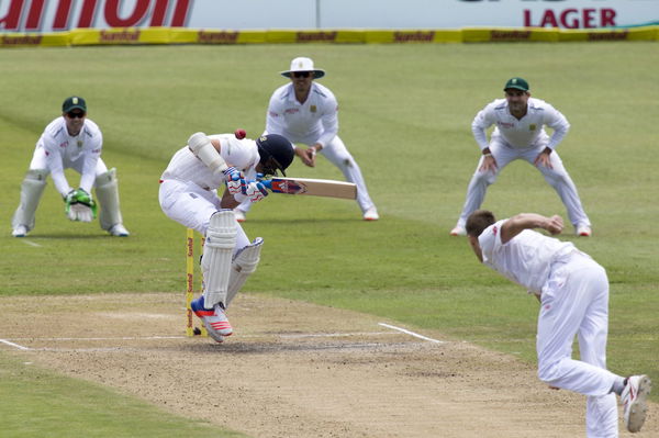 England&#8217;s Broad ducks under a short ball during the first cricket test match against South Africa in Durban