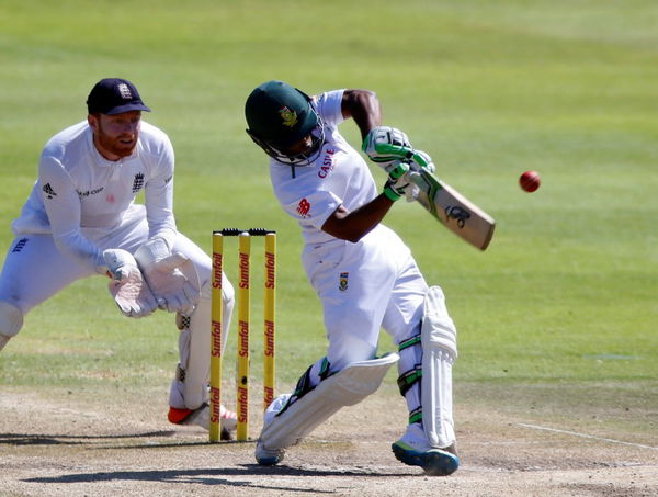 South Africa&#8217;s Bavuma plays a shot as England&#8217;s Bairstow looks on during the second cricket test match in Cape Town, South Africa, January 5, 2016. REUTERS/Mike Hutchings