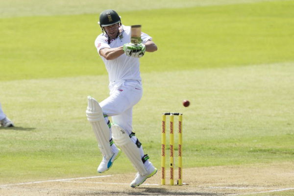 South Africa&#8217;s de Villiers plays a shot during their first cricket test match against England in Durban