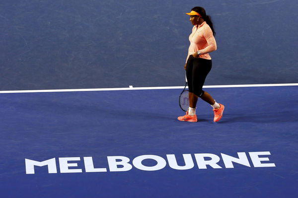 Serena Williams of the US walks onto court during a practice session at Melbourne Park, Australia