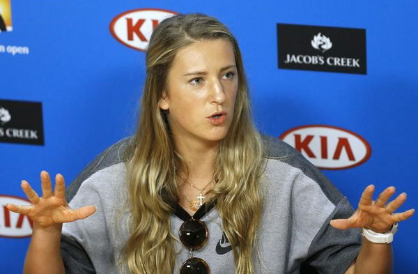 Belarus&#8217; Azarenka speaks during a news conference at Melbourne Park, Australia