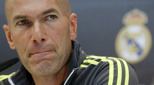 Real Madrid coach Zinedine Zidane gestures during a news conference after a training session at Real Madrid&#8217;s Valdebebas playground, outside Madrid, Spain