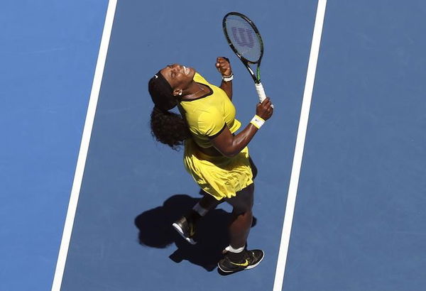 Williams of the U.S. reacts during her first round match against Italy&#8217;s Giorgi at the Australian Open tennis tournament at Melbourne Park, Australia