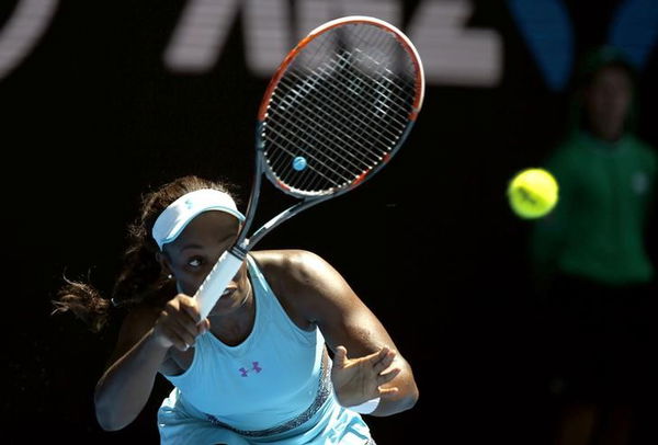 Stephens of the U.S. hits a shot during her first round match against China&#8217;s Wang at the Australian Open tennis tournament at Melbourne Park, Australia