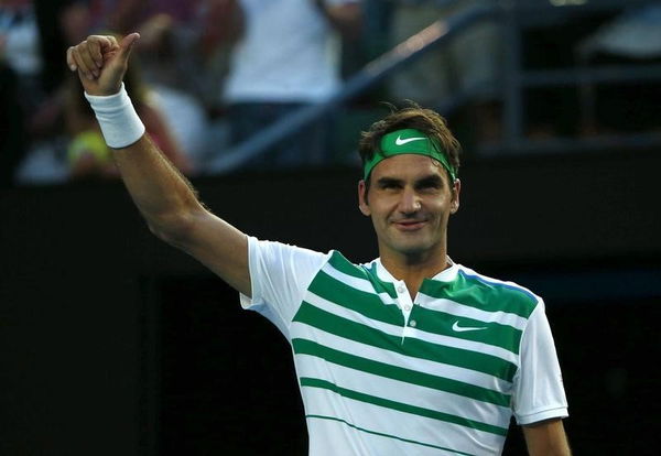 Switzerland&#8217;s Federer celebrates after winning his first round match against Georgia&#8217;s Basilashvili at the Australian Open tennis tournament at Melbourne Park, Australia